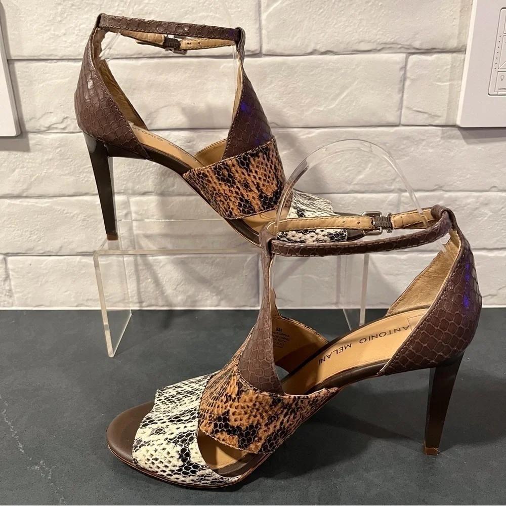 Antonio Melani sz 8 tri-color snakeprint leather high ankle strap heels